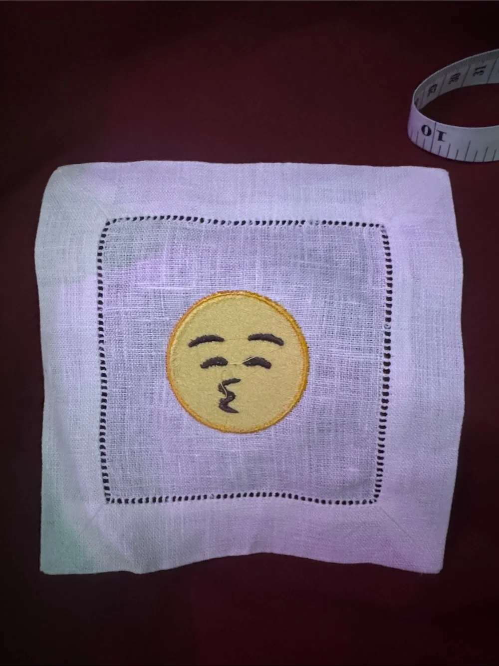 Embroidered Kiss Face Emoji Linen Cocktail Napkin - White C1.B.1R